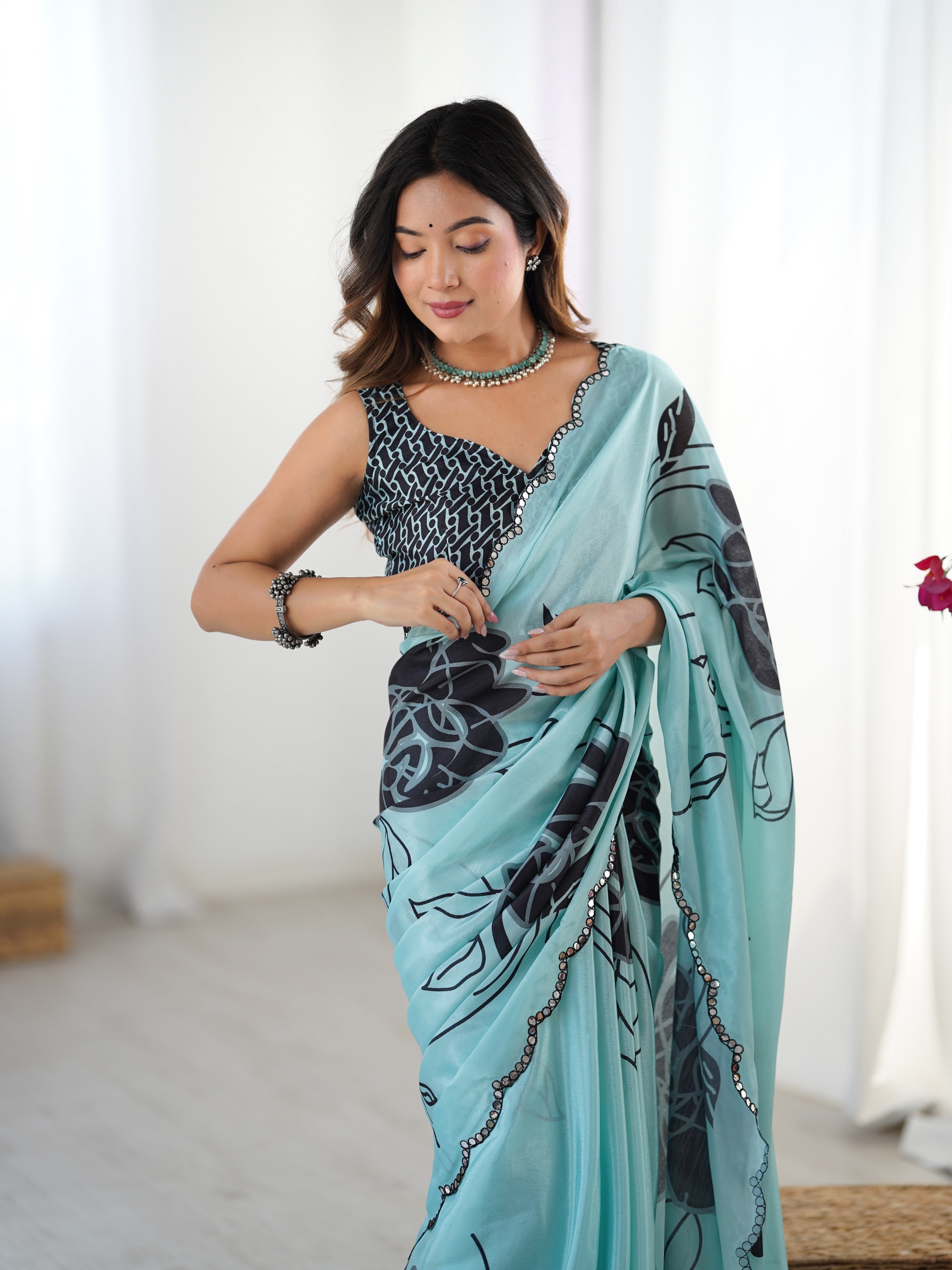 Jyoti Fashion Women's Sea Green Chinon Digital Printed Designer Saree with Blouse - Distacart
