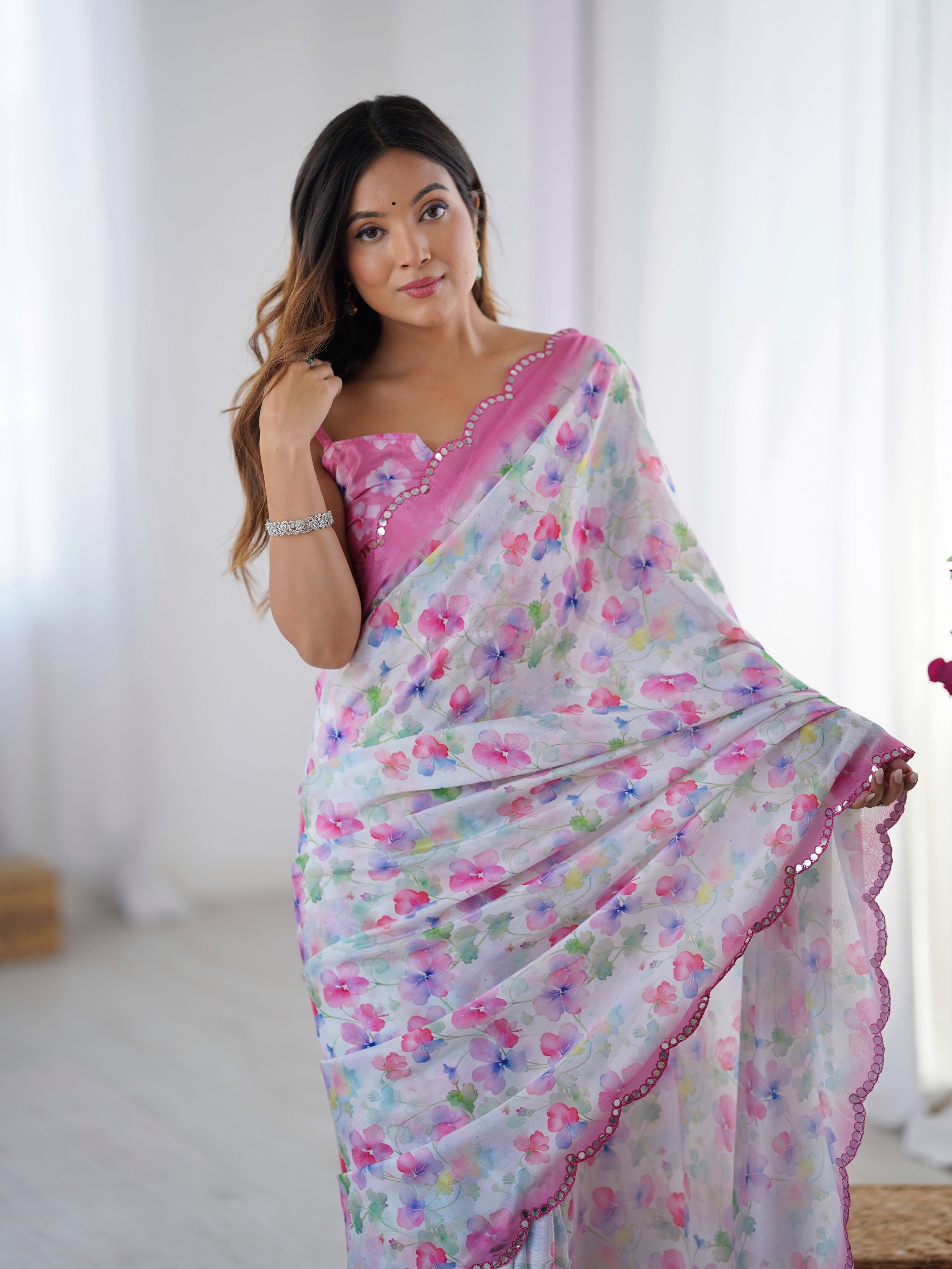 Jyoti Fashion Women's Multicolor Chinon Digital Printed Designer Saree with Blouse - Distacart