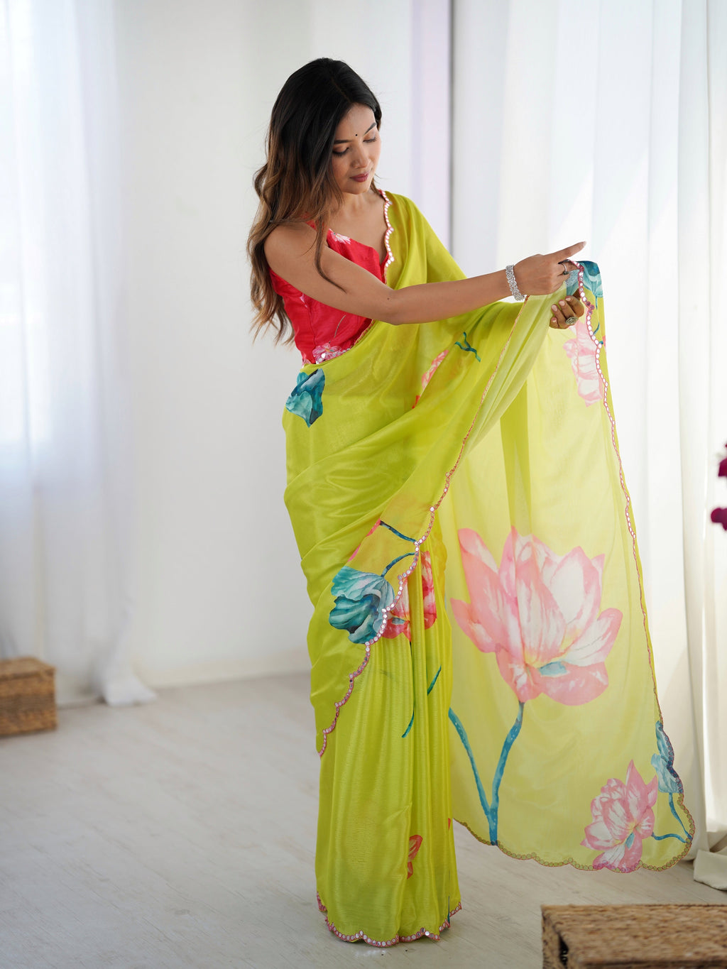Jyoti Fashion Women's Parrot Green Chinon Digital Printed Designer Saree with Blouse - Distacart