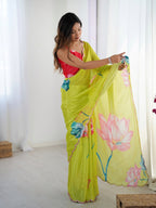 Jyoti Fashion Women's Parrot Green Chinon Digital Printed Designer Saree with Blouse - Distacart