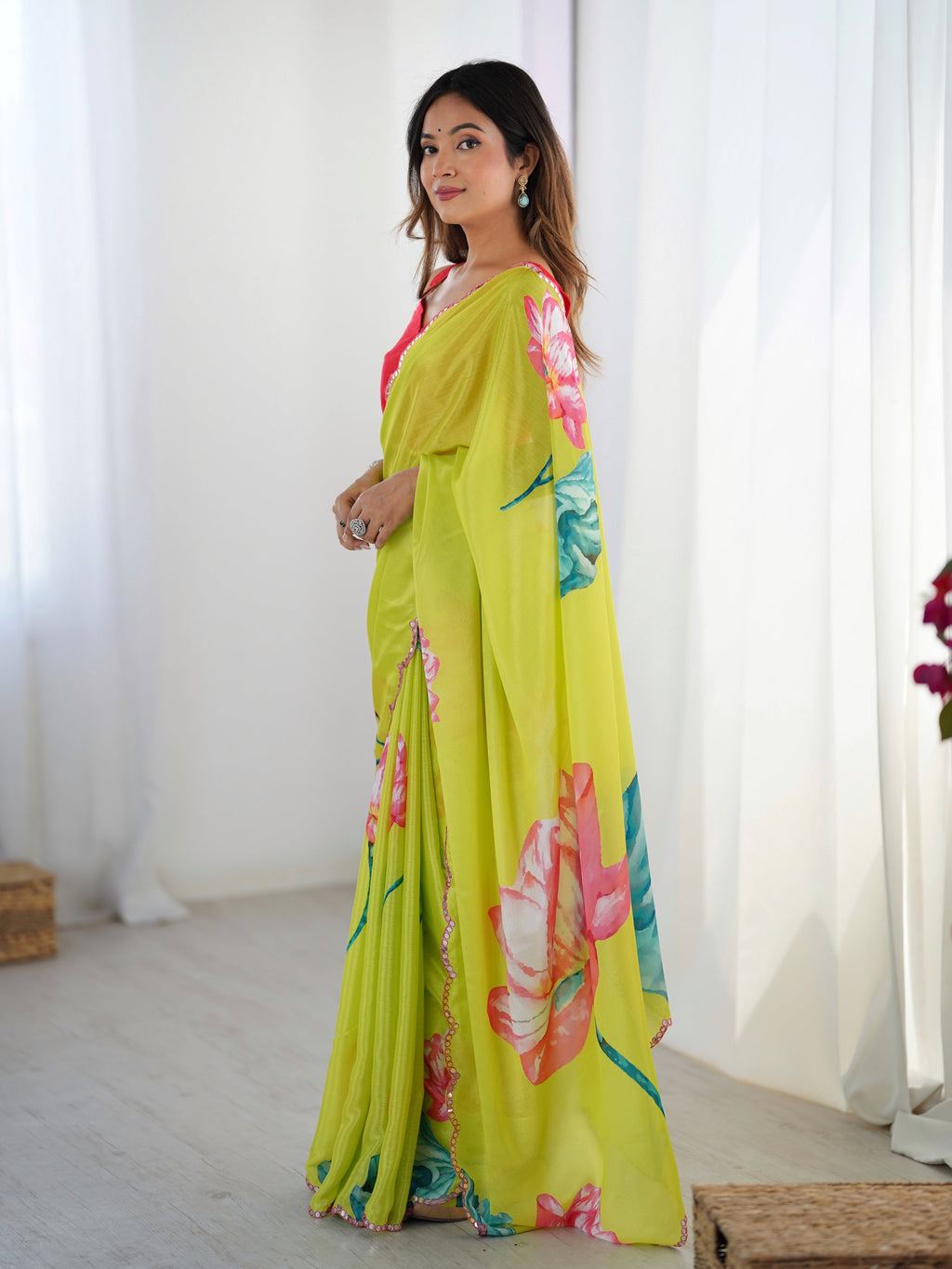 Jyoti Fashion Women's Parrot Green Chinon Digital Printed Designer Saree with Blouse - Distacart