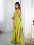 Jyoti Fashion Women's Parrot Green Chinon Digital Printed Designer Saree with Blouse - Distacart