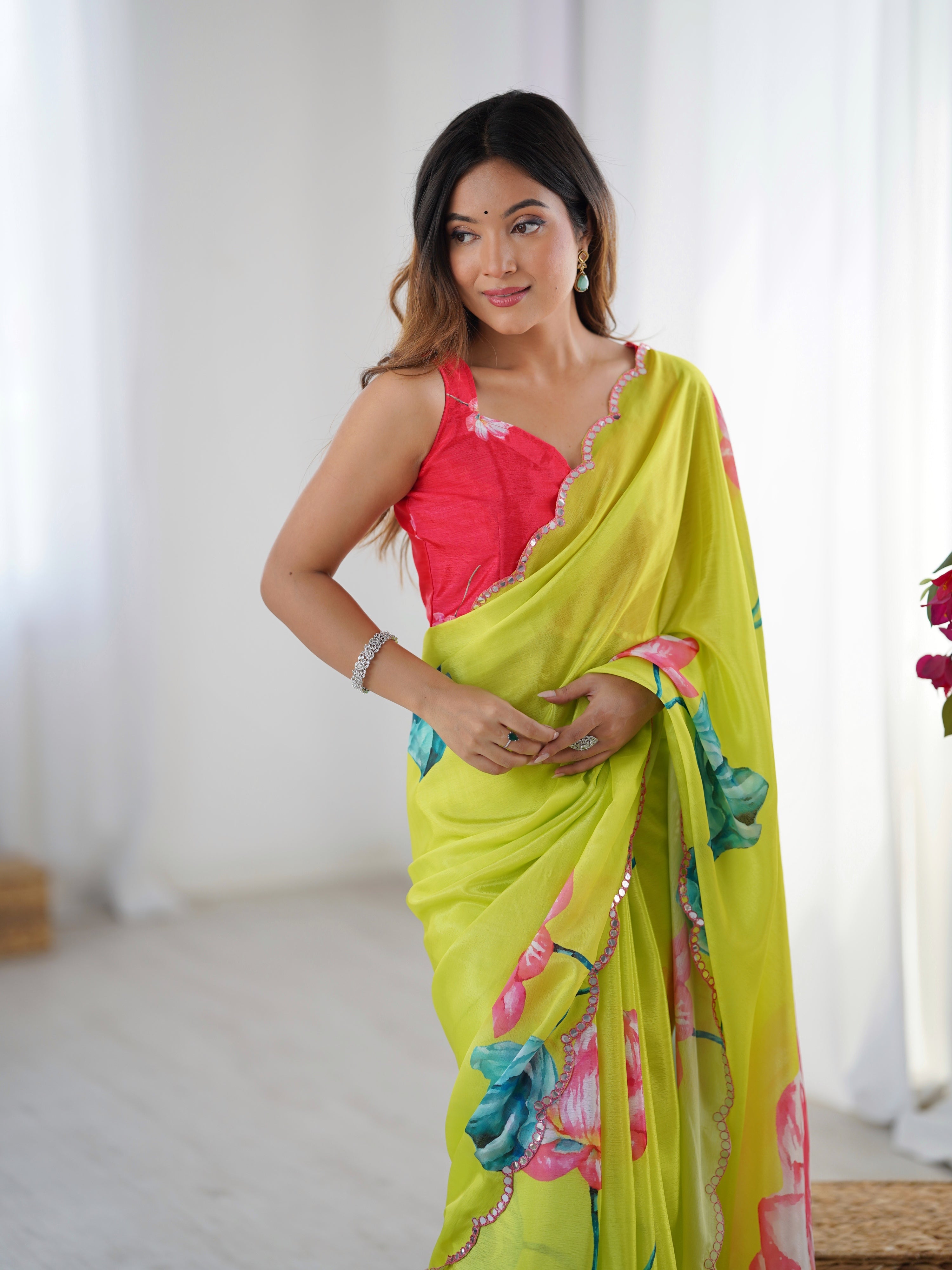 Jyoti Fashion Women's Parrot Green Chinon Digital Printed Designer Saree with Blouse - Distacart