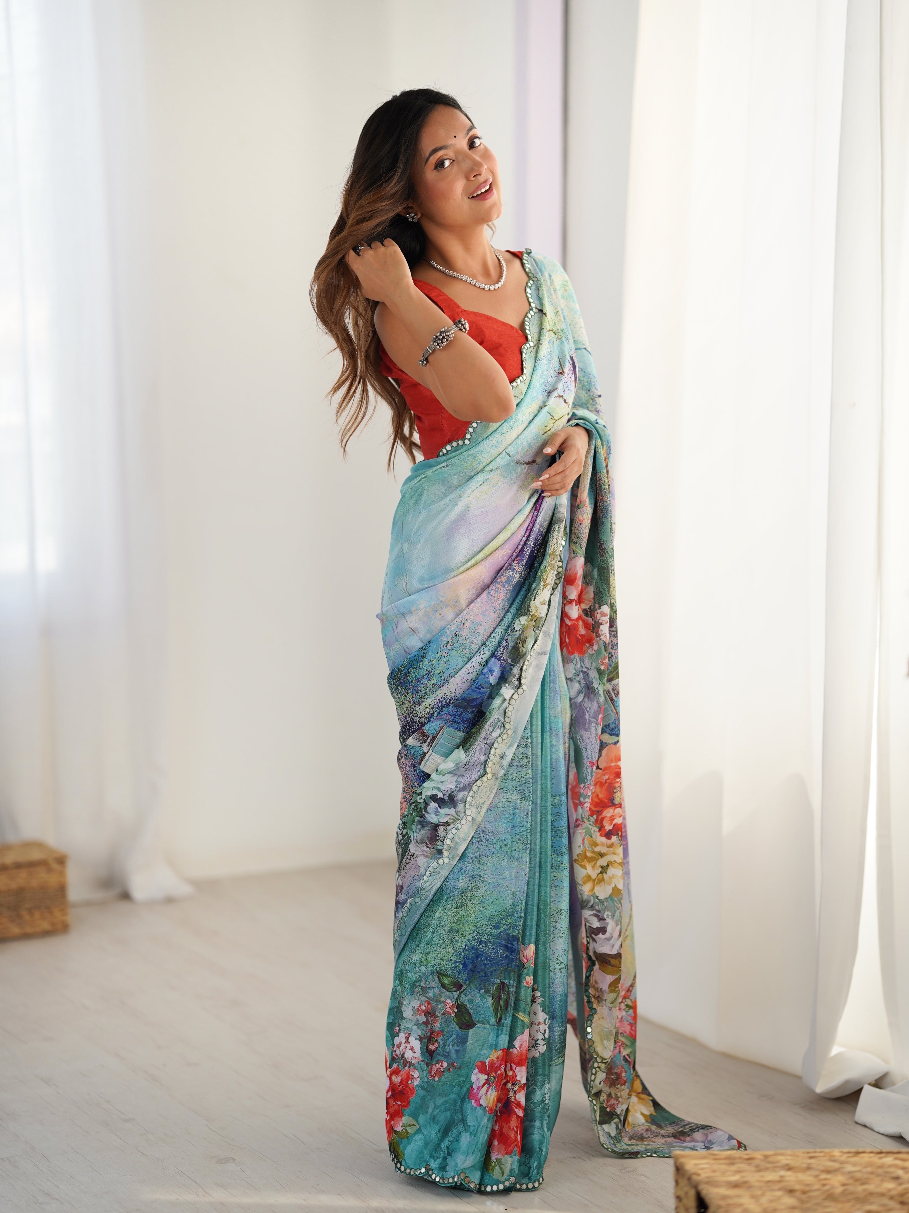 Jyoti Fashion Women's Multicolor Chinon Digital Printed Designer Saree with Blouse - Distacart