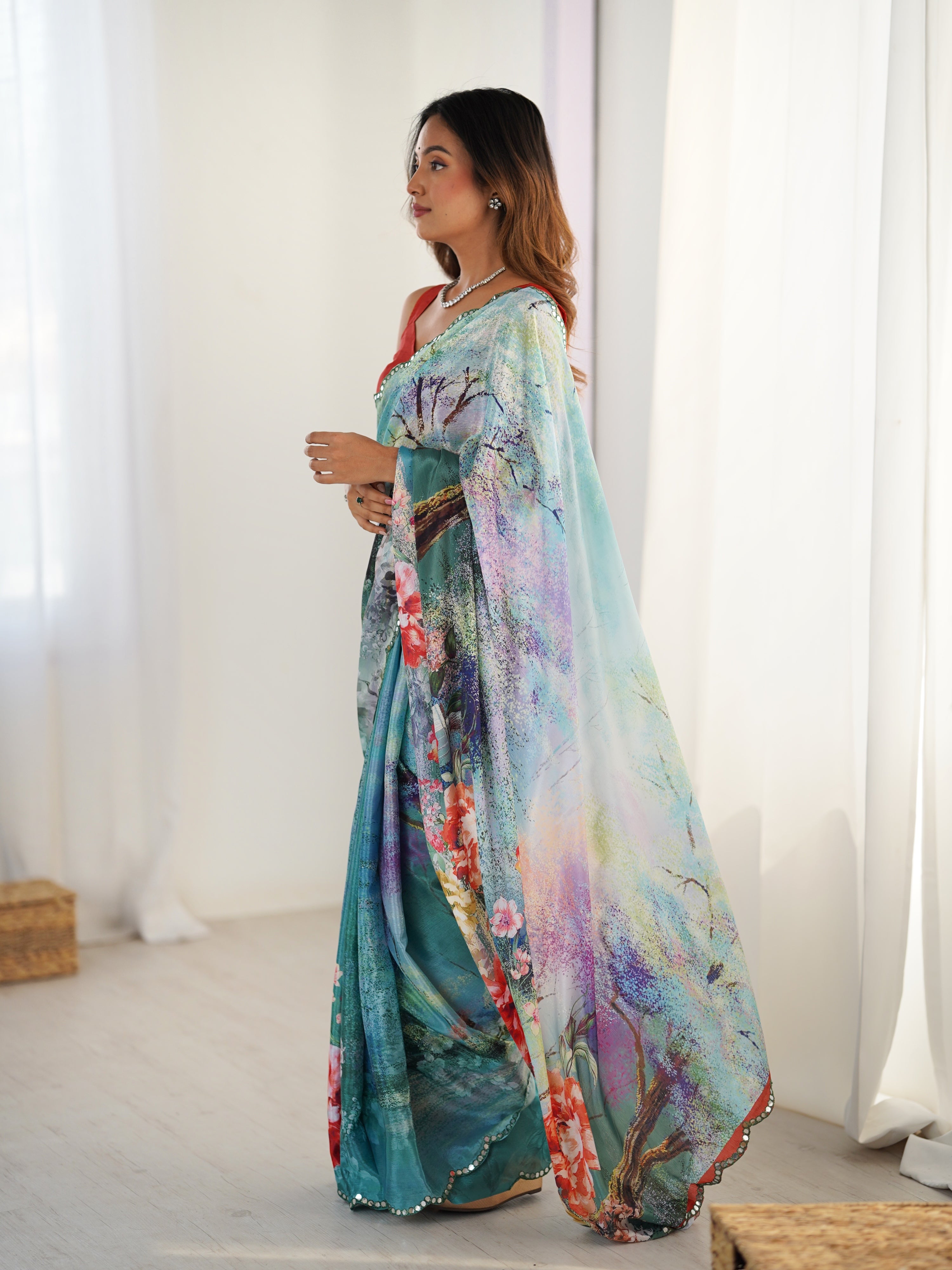 Jyoti Fashion Women's Multicolor Chinon Digital Printed Designer Saree with Blouse - Distacart