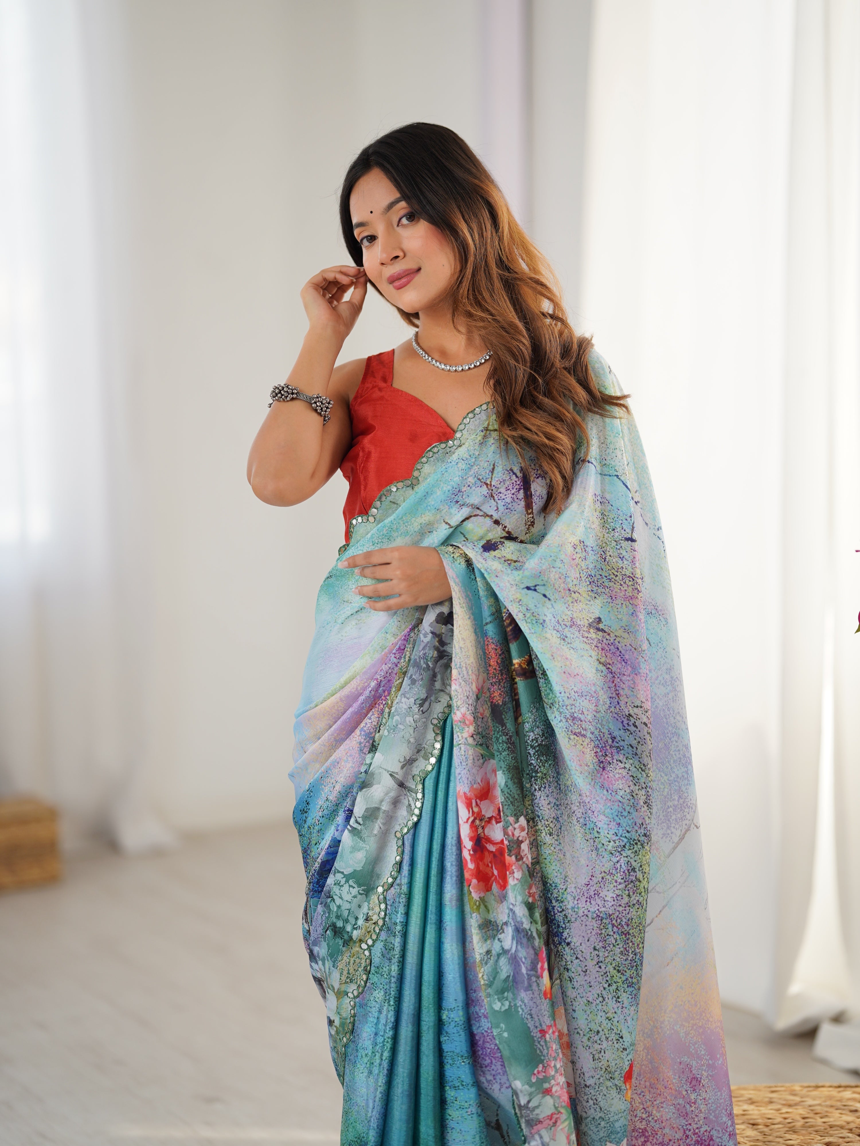 Jyoti Fashion Women's Multicolor Chinon Digital Printed Designer Saree with Blouse - Distacart