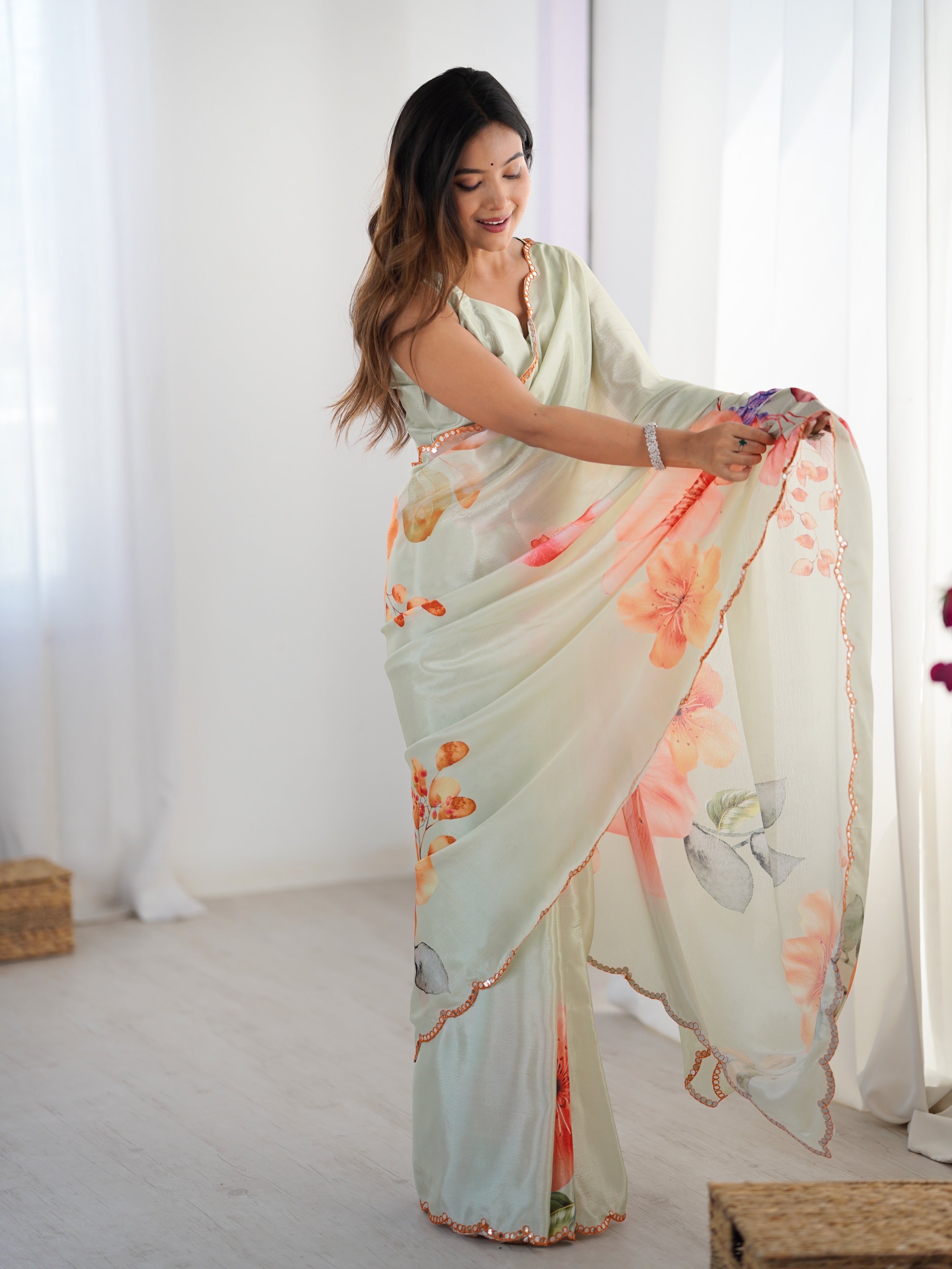 Jyoti Fashion Women's Pista Green Chinon Digital Printed Designer Saree with Blouse - Distacart