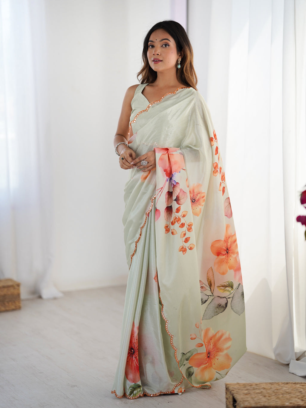 Jyoti Fashion Women's Pista Green Chinon Digital Printed Designer Saree with Blouse - Distacart
