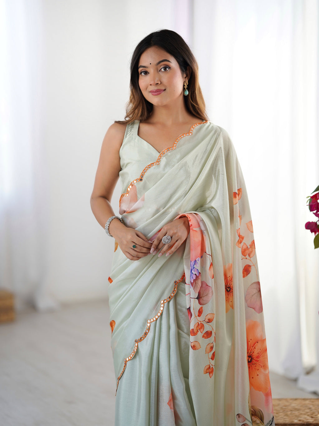 Jyoti Fashion Women's Pista Green Chinon Digital Printed Designer Saree with Blouse - Distacart