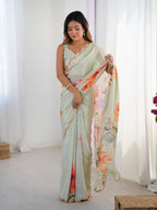 Jyoti Fashion Women's Pista Green Chinon Digital Printed Designer Saree with Blouse - Distacart