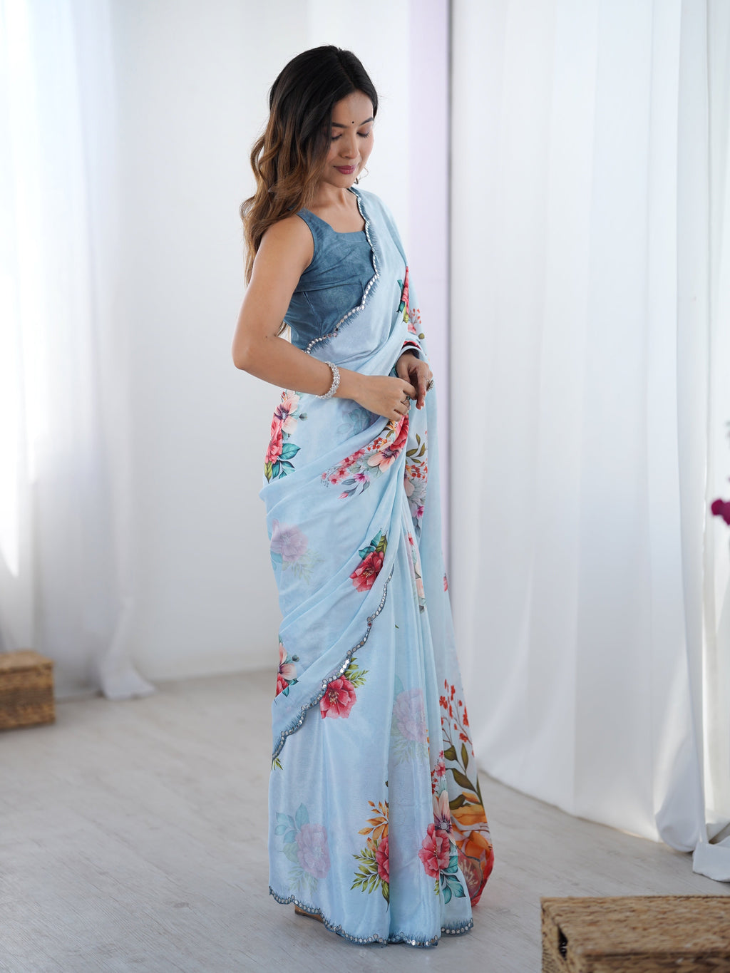Jyoti Fashion Women's Sky Blue Chinon Digital Printed Designer Saree with Blouse - Distacart