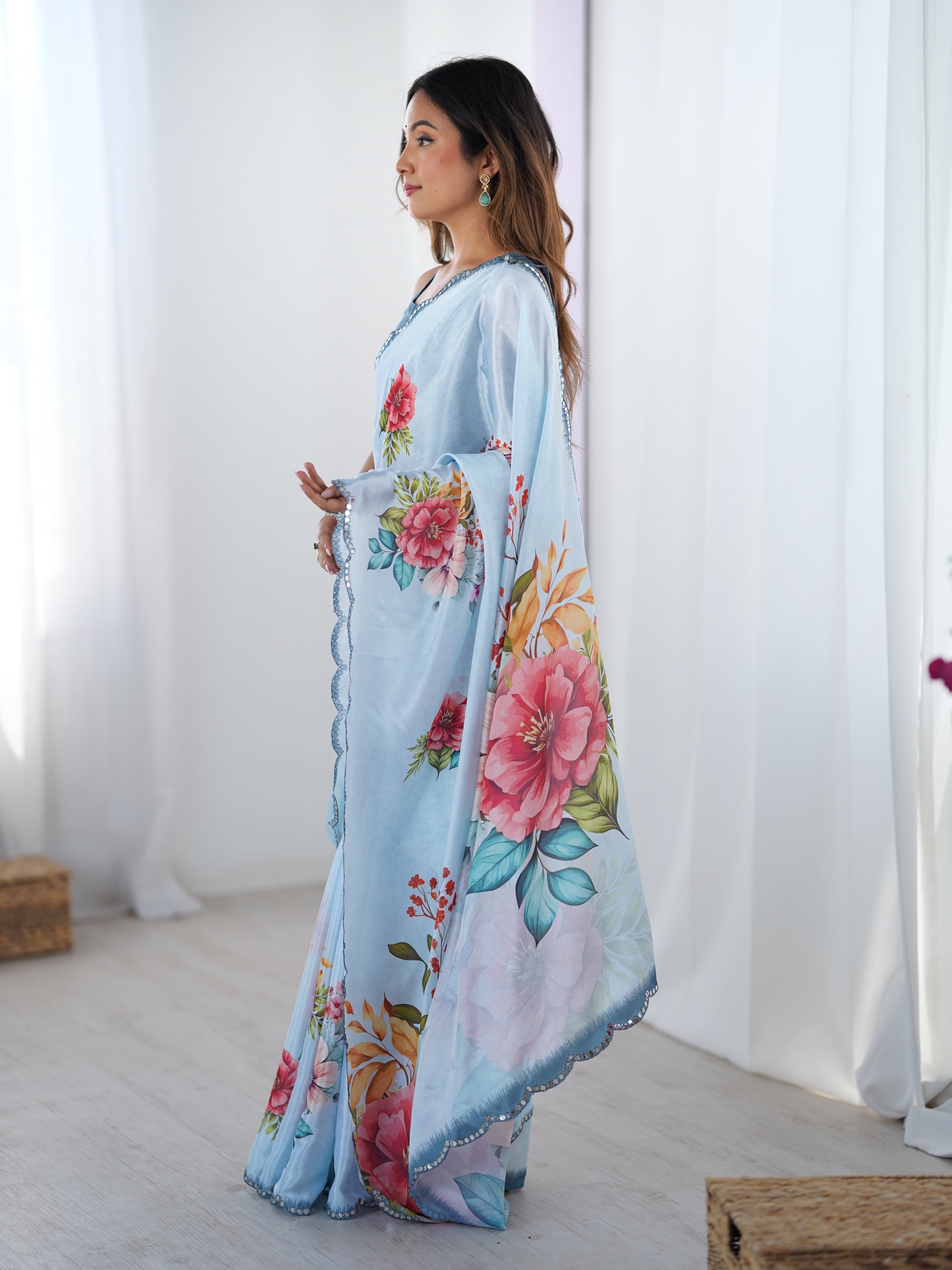 Jyoti Fashion Women's Sky Blue Chinon Digital Printed Designer Saree with Blouse - Distacart
