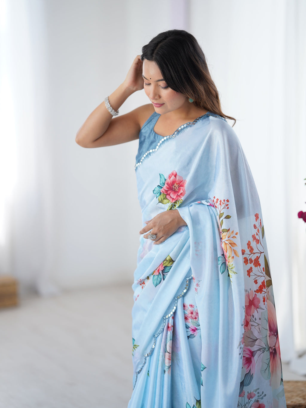 Jyoti Fashion Women's Sky Blue Chinon Digital Printed Designer Saree with Blouse - Distacart