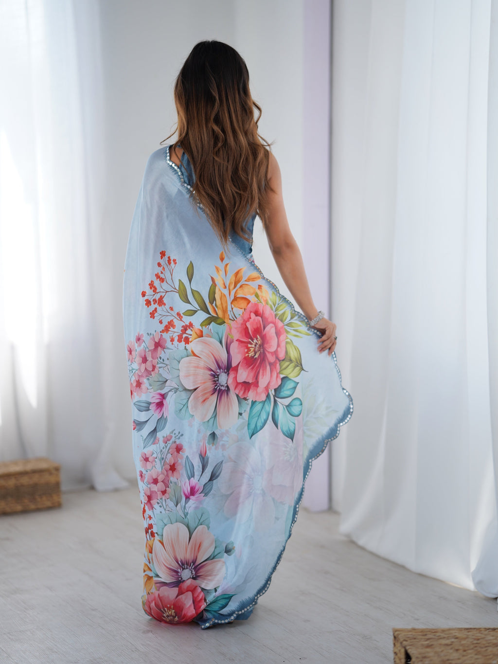Jyoti Fashion Women's Sky Blue Chinon Digital Printed Designer Saree with Blouse - Distacart