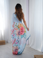 Jyoti Fashion Women's Sky Blue Chinon Digital Printed Designer Saree with Blouse - Distacart