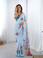 Jyoti Fashion Women's Sky Blue Chinon Digital Printed Designer Saree with Blouse - Distacart