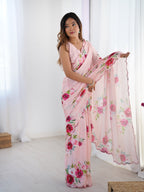 Jyoti Fashion Women's Baby Pink Chinon Digital Printed Designer Saree with Blouse - Distacart