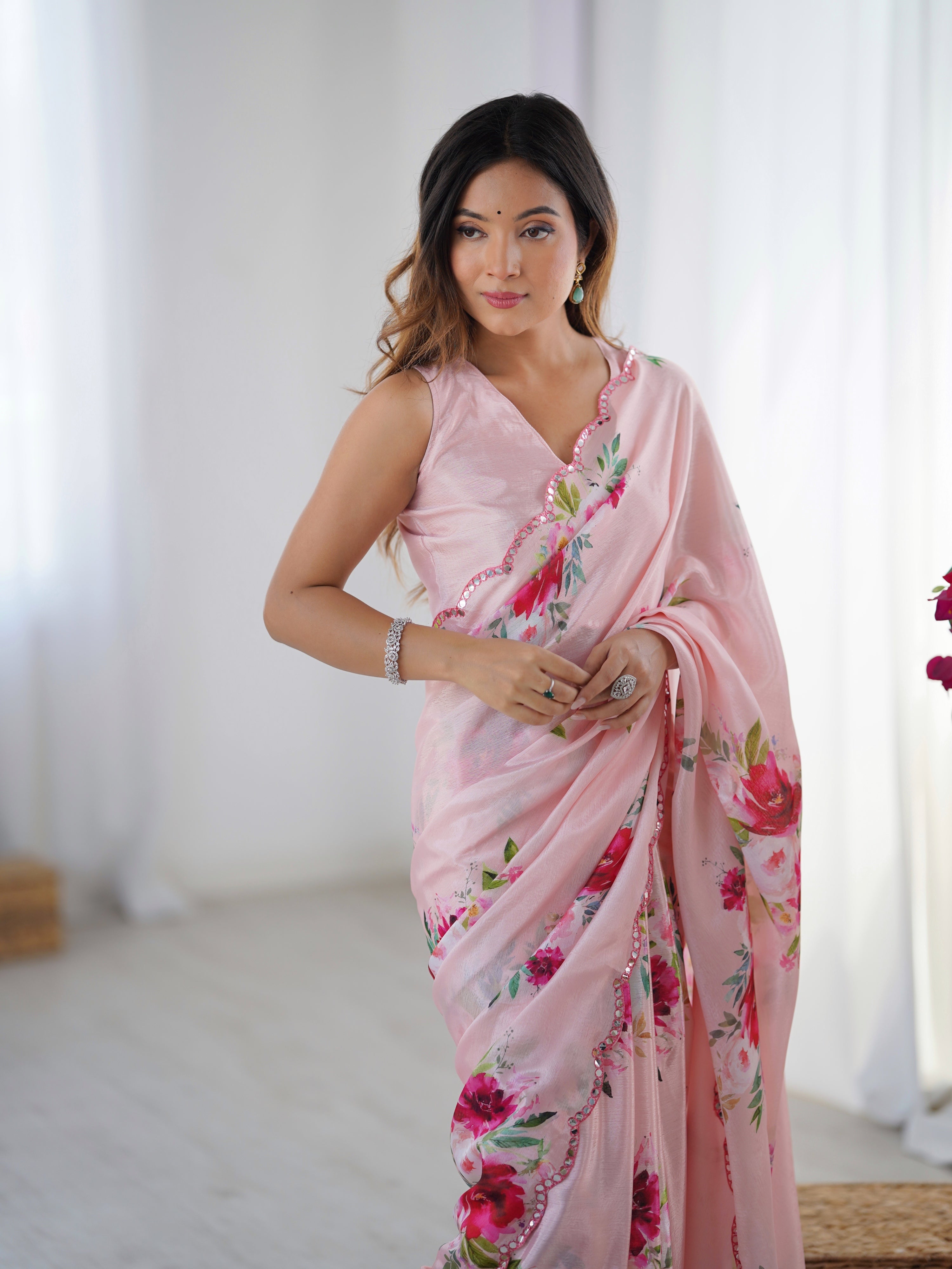 Jyoti Fashion Women's Baby Pink Chinon Digital Printed Designer Saree with Blouse - Distacart