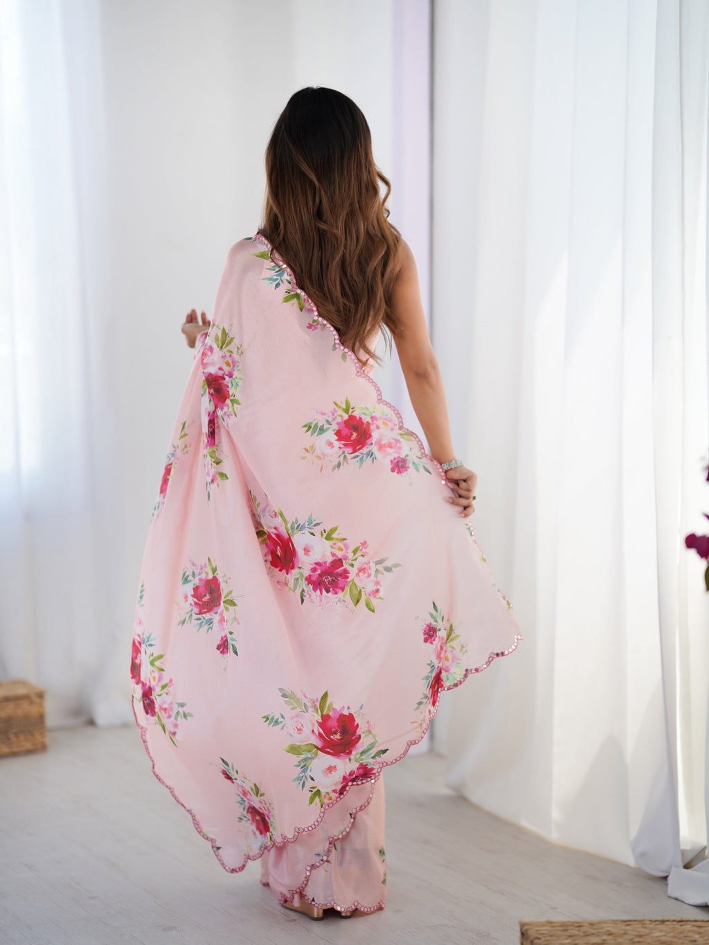 Jyoti Fashion Women's Baby Pink Chinon Digital Printed Designer Saree with Blouse - Distacart