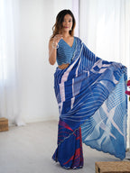 Jyoti Fashion Women's Blue Chinon Digital Printed Designer Saree with Blouse - Distacart