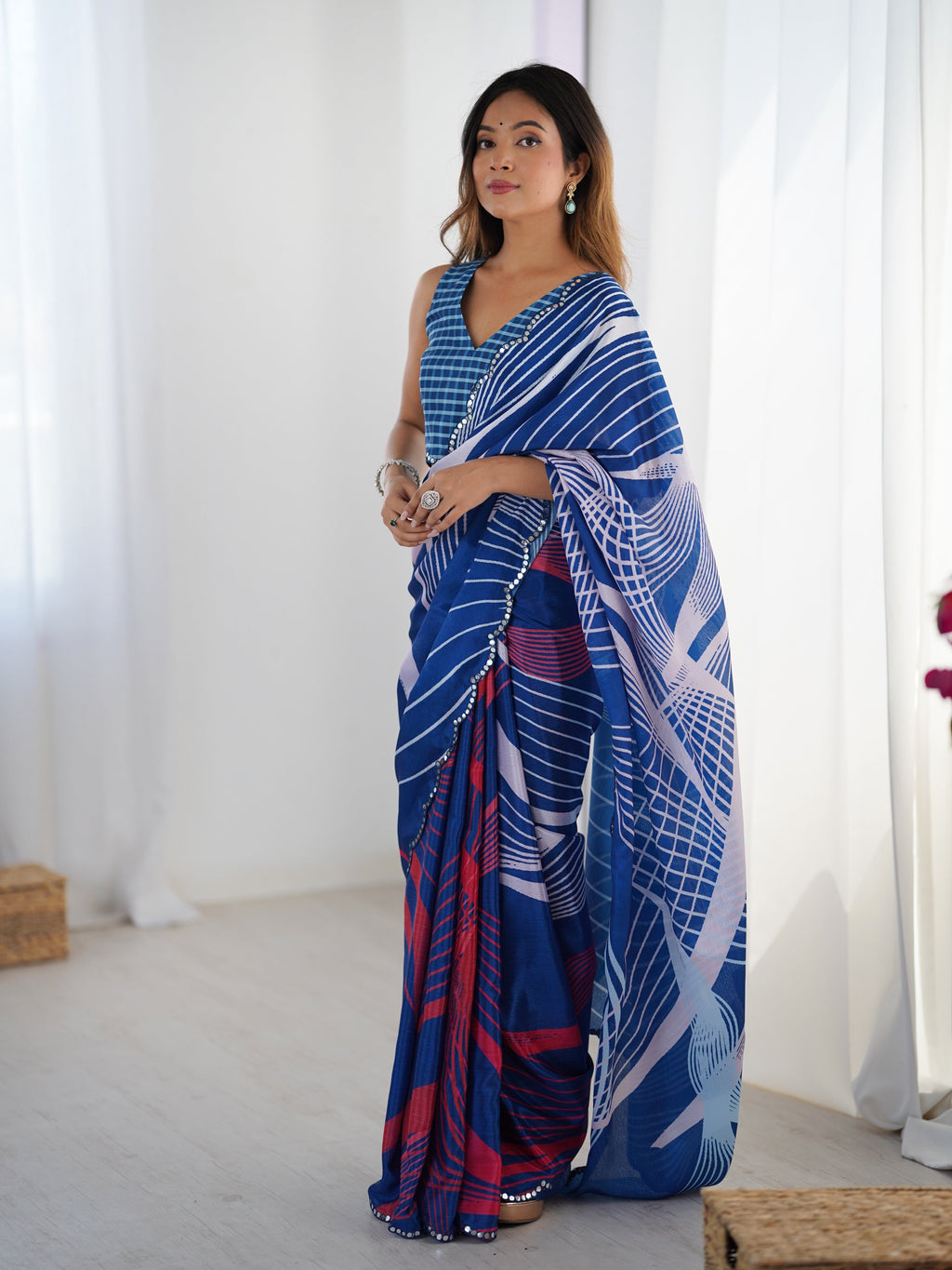 Jyoti Fashion Women's Blue Chinon Digital Printed Designer Saree with Blouse - Distacart