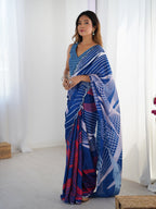 Jyoti Fashion Women's Blue Chinon Digital Printed Designer Saree with Blouse - Distacart