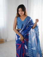 Jyoti Fashion Women's Blue Chinon Digital Printed Designer Saree with Blouse - Distacart