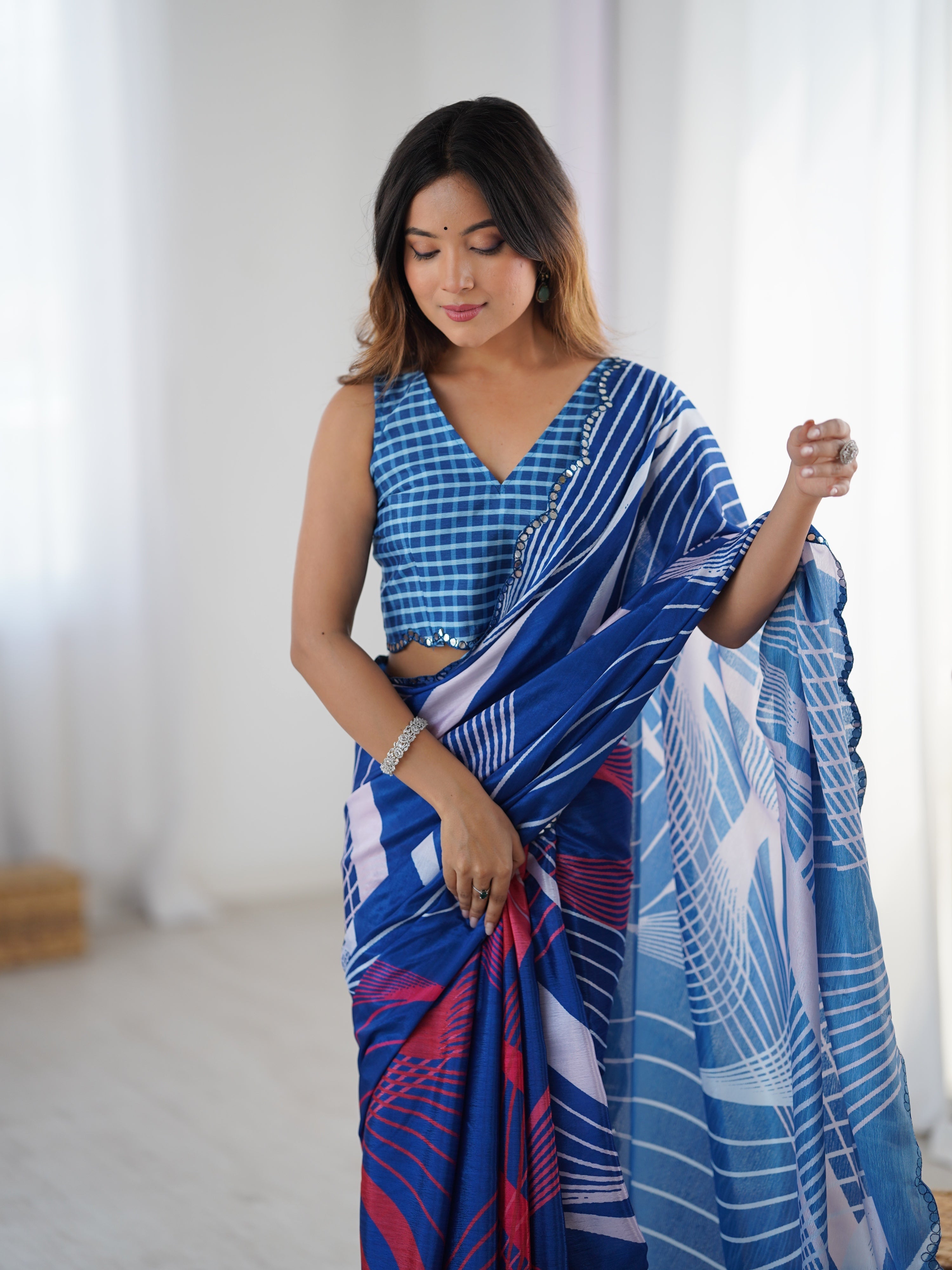 Jyoti Fashion Women's Blue Chinon Digital Printed Designer Saree with Blouse - Distacart