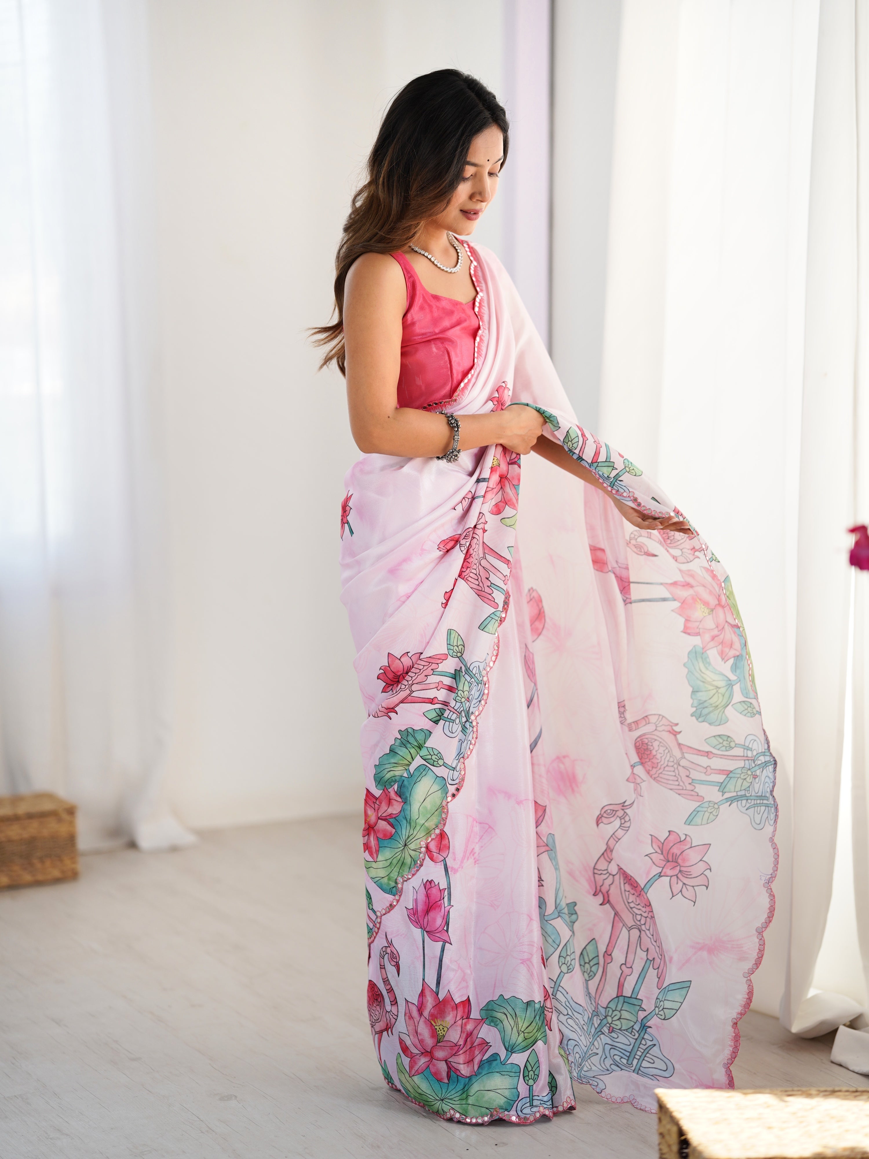 Jyoti Fashion Women's Pink Chinon Digital Printed Designer Saree with Blouse - Distacart