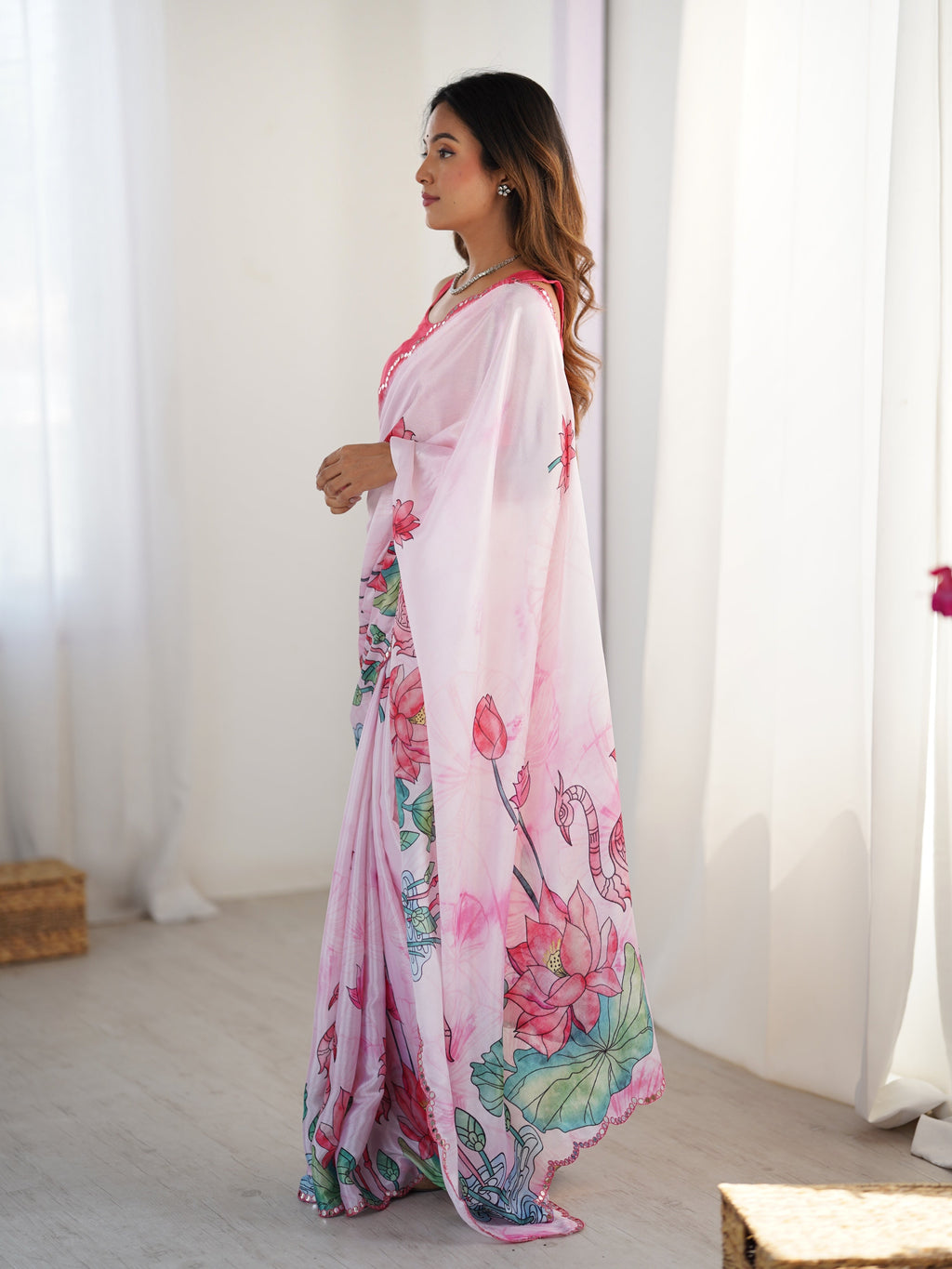 Jyoti Fashion Women's Pink Chinon Digital Printed Designer Saree with Blouse - Distacart