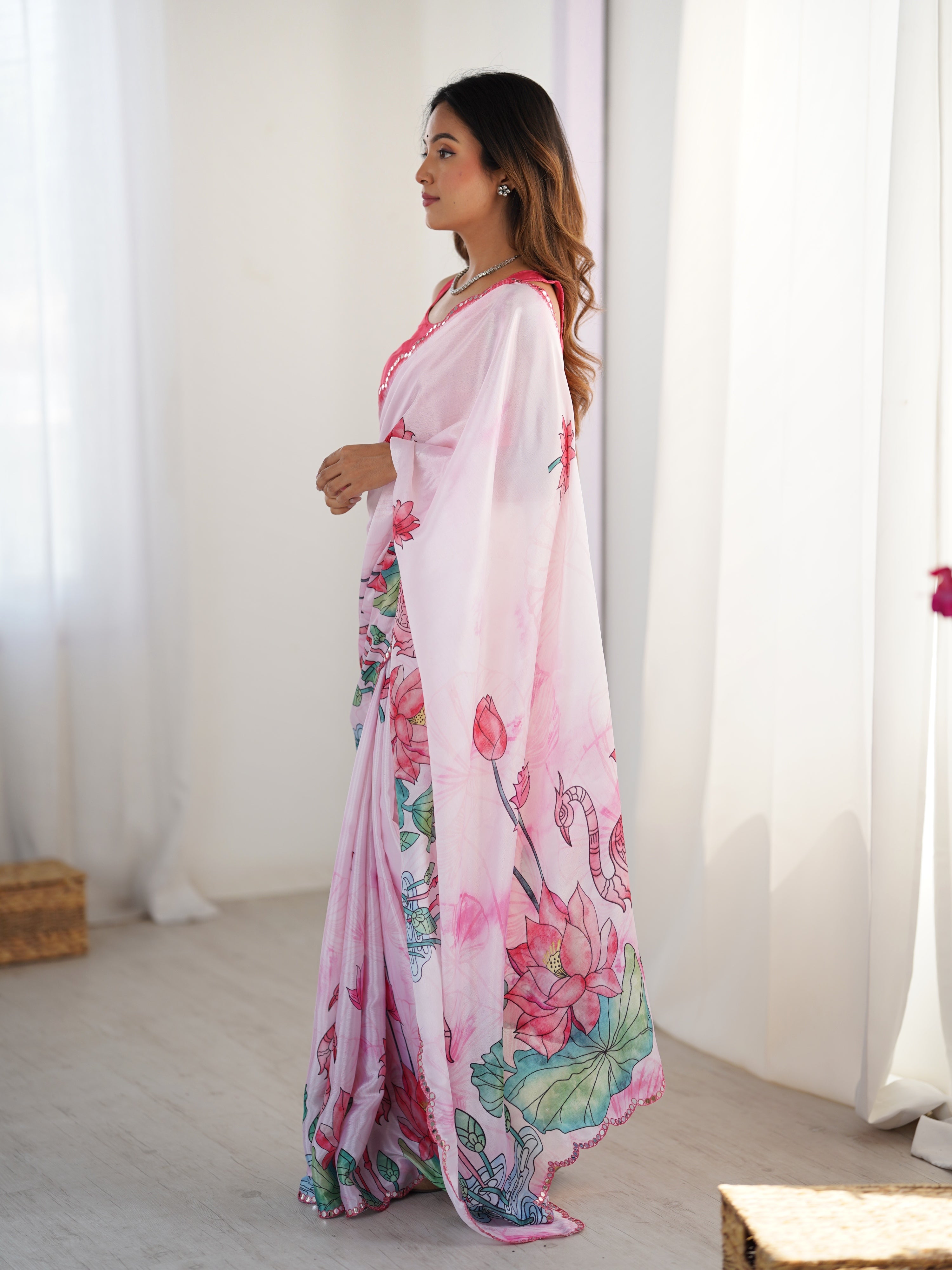 Jyoti Fashion Women's Pink Chinon Digital Printed Designer Saree with Blouse - Distacart