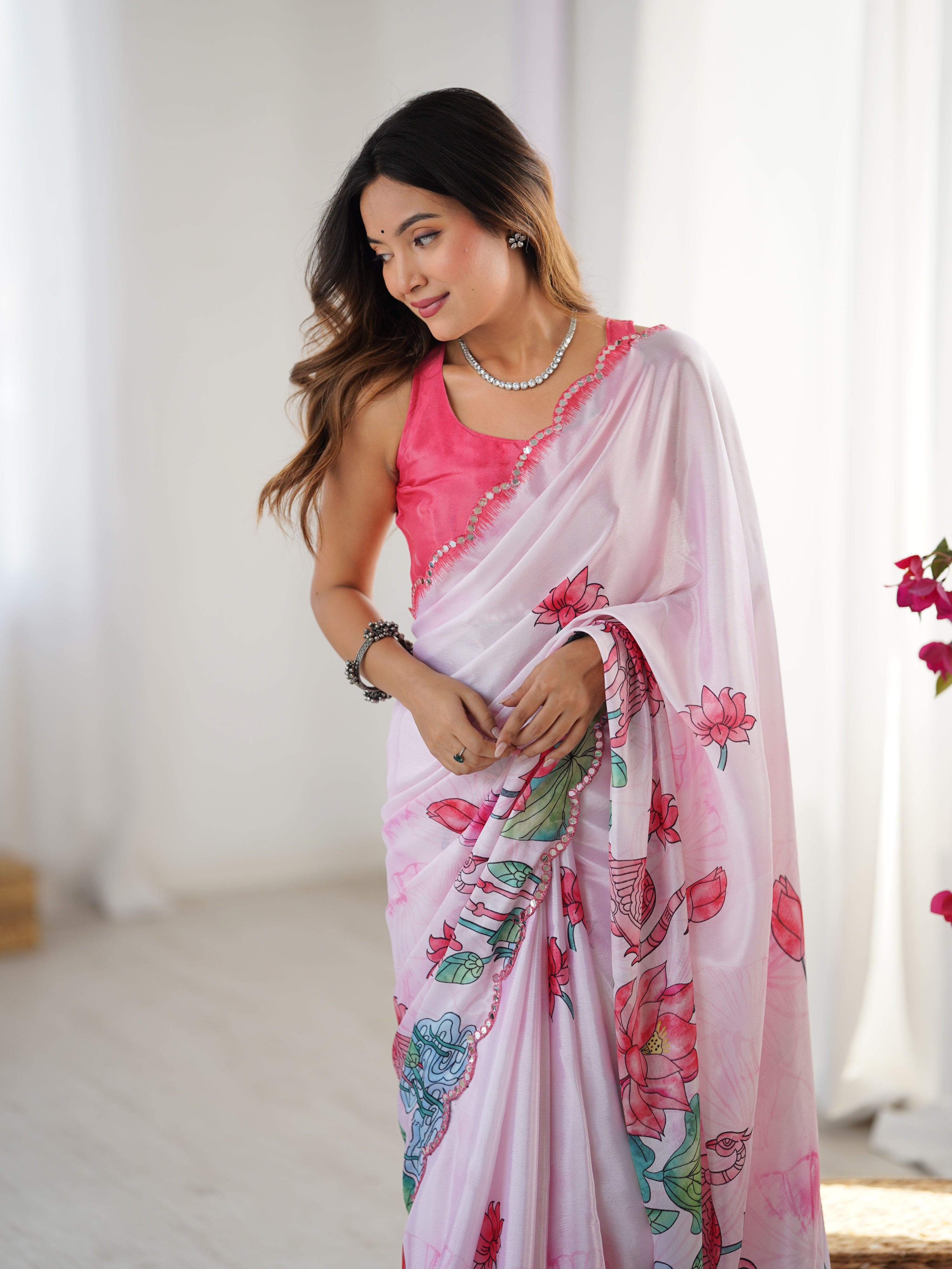 Jyoti Fashion Women's Pink Chinon Digital Printed Designer Saree with Blouse - Distacart