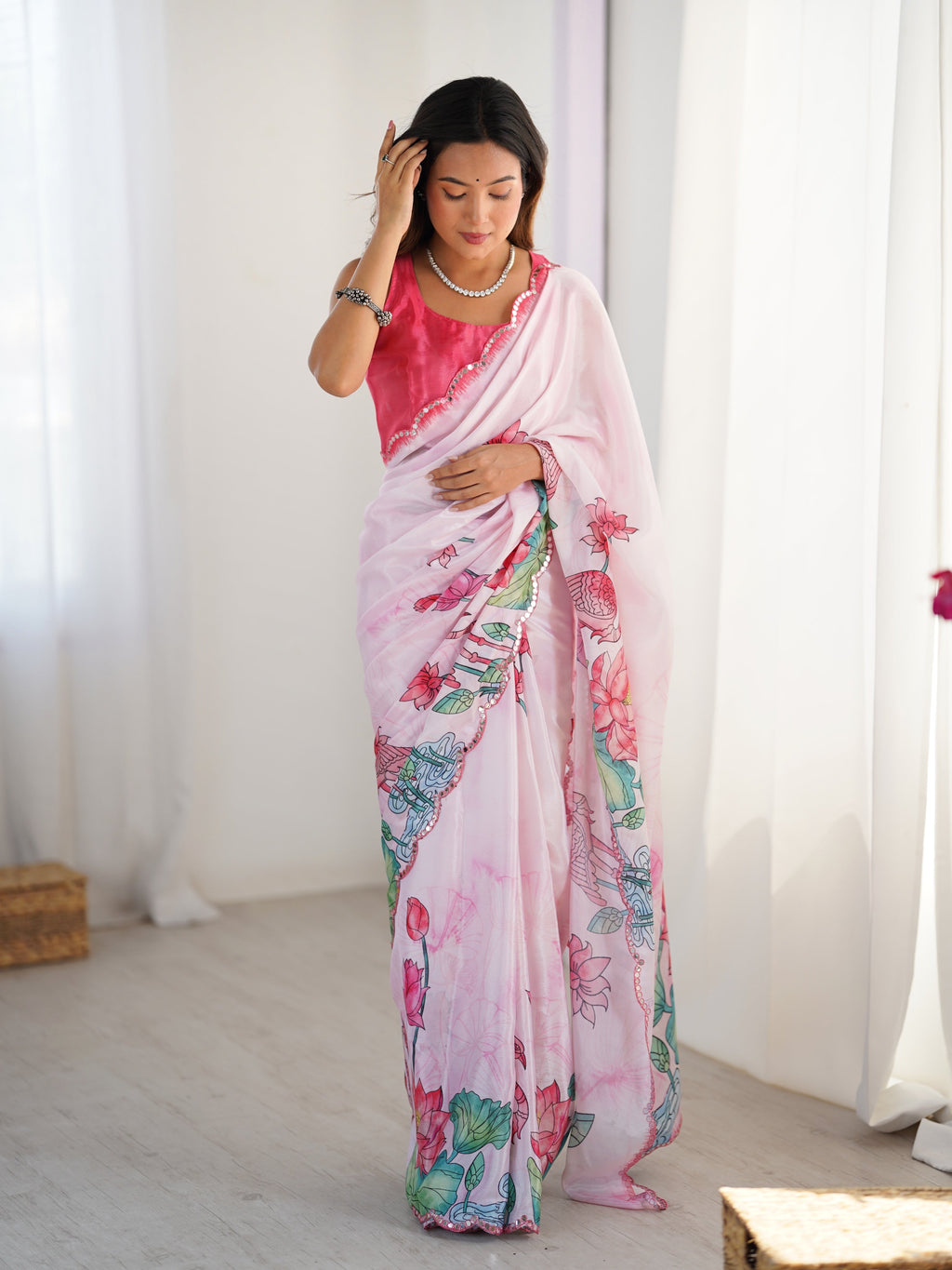 Jyoti Fashion Women's Pink Chinon Digital Printed Designer Saree with Blouse - Distacart