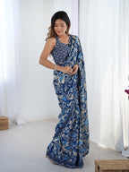 Jyoti Fashion Women's Navy Blue Chinon Digital Printed Designer Saree with Blouse - Distacart