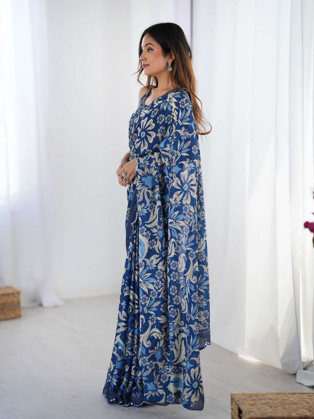 Jyoti Fashion Women's Navy Blue Chinon Digital Printed Designer Saree with Blouse - Distacart