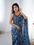 Jyoti Fashion Women's Navy Blue Chinon Digital Printed Designer Saree with Blouse - Distacart