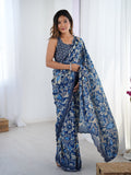 Jyoti Fashion Women's Navy Blue Chinon Digital Printed Designer Saree with Blouse - Distacart
