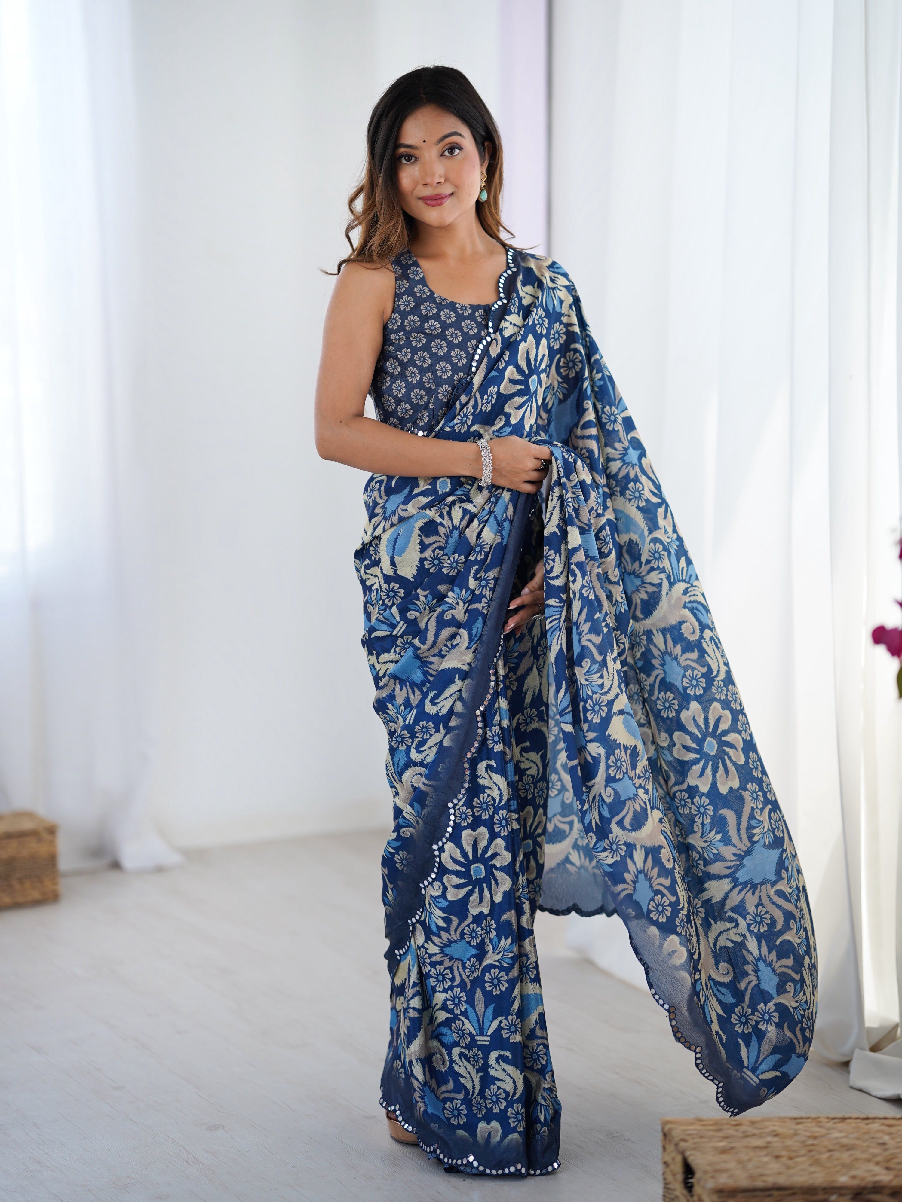 Jyoti Fashion Women's Navy Blue Chinon Digital Printed Designer Saree with Blouse - Distacart
