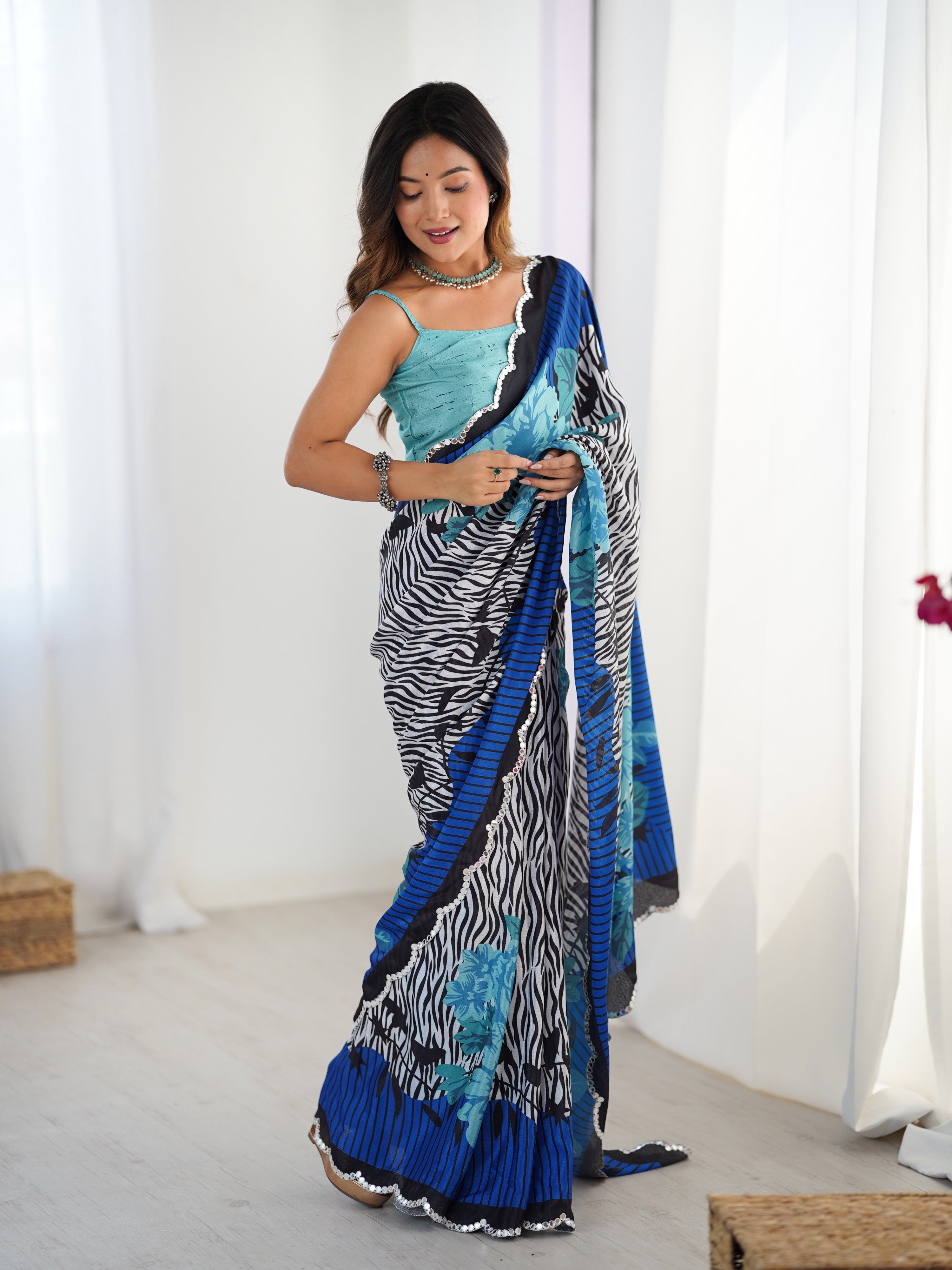 Jyoti Fashion Women's Multicolor Chinon Digital Printed Designer Saree with Blouse - Distacart
