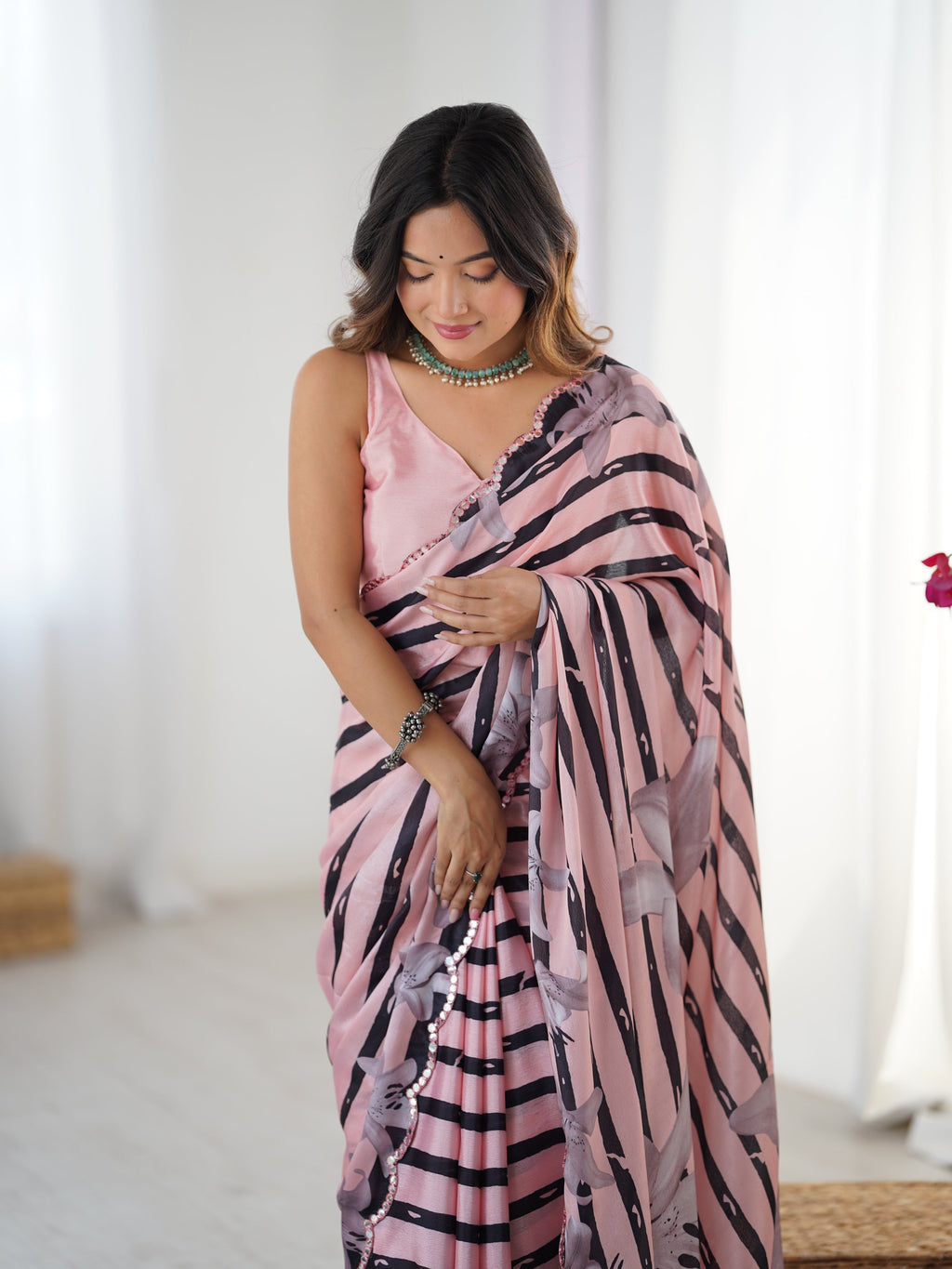 Jyoti Fashion Women's Baby Pink Chinon Digital Printed Designer Saree with Blouse - Distacart