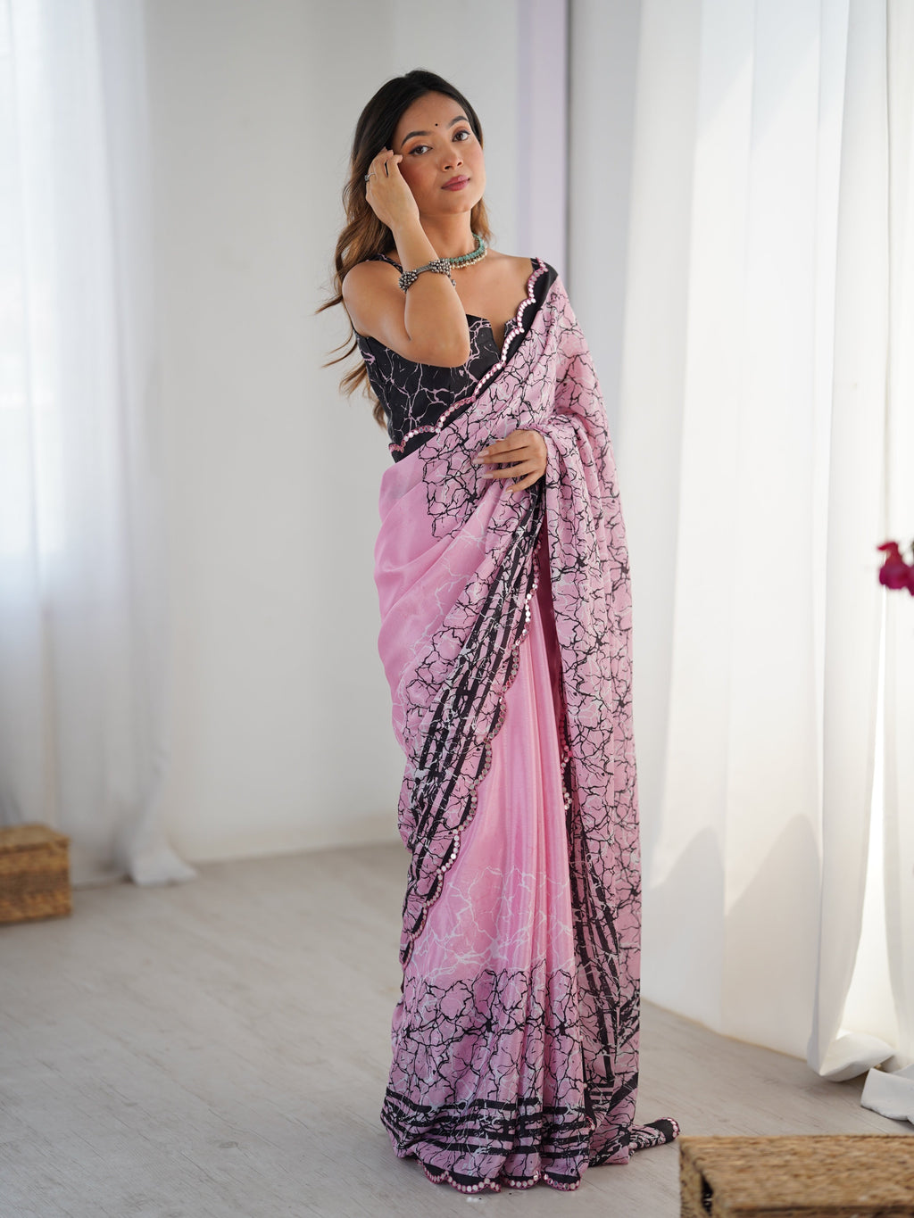 Jyoti Fashion Women's Pink Chinon Digital Printed Designer Saree with Blouse - Distacart