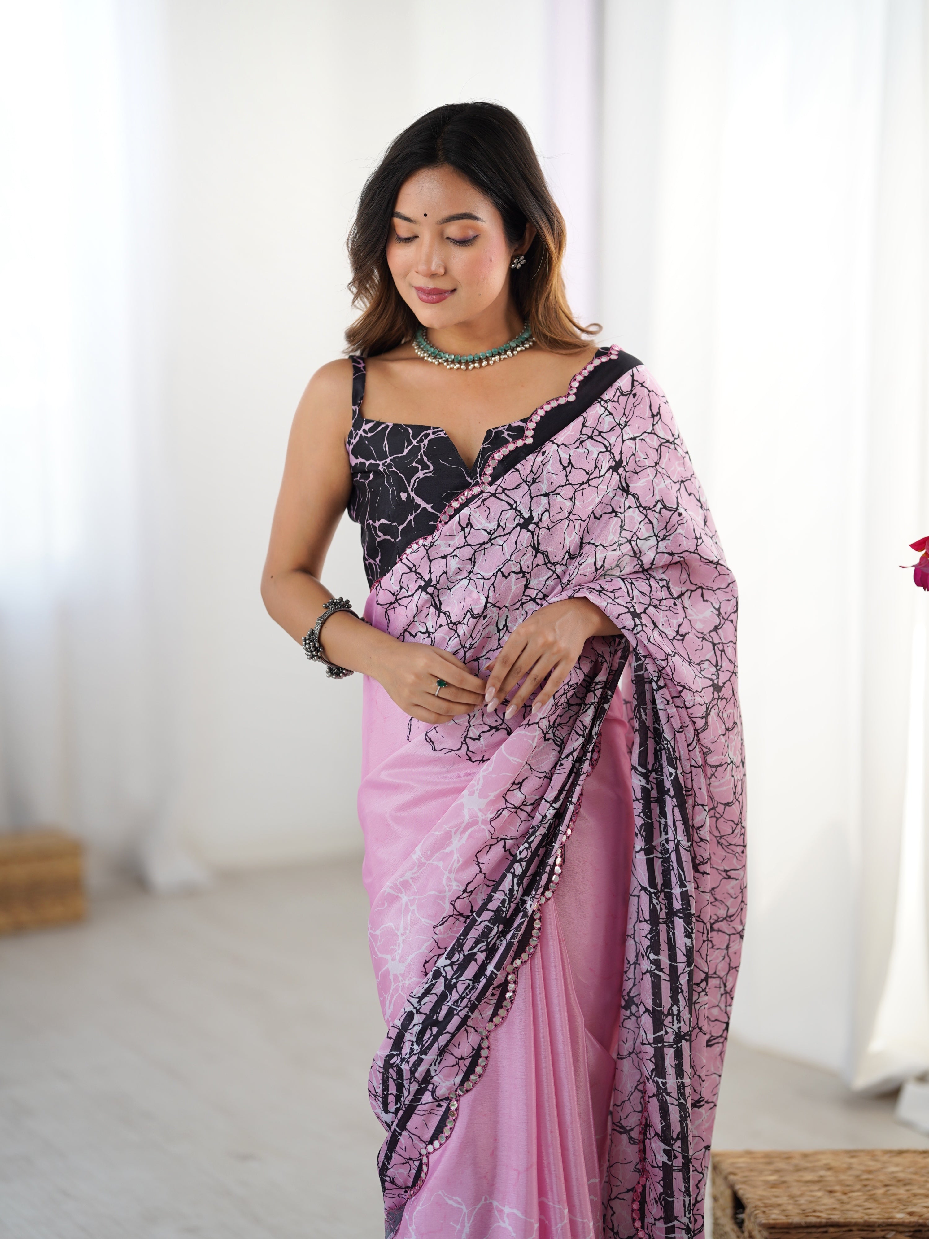 Jyoti Fashion Women's Pink Chinon Digital Printed Designer Saree with Blouse - Distacart