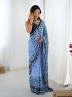 Jyoti Fashion Women's Blue Chinon Digital Printed Designer Saree with Blouse - Distacart