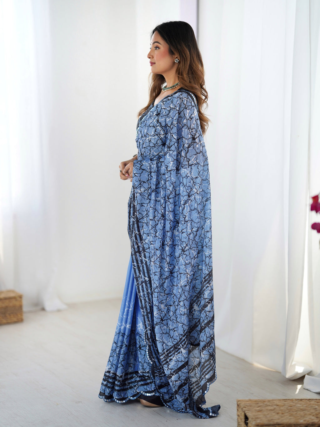 Jyoti Fashion Women's Blue Chinon Digital Printed Designer Saree with Blouse - Distacart