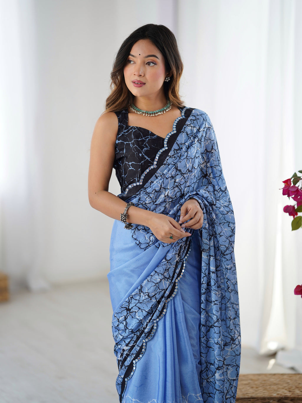 Jyoti Fashion Women's Blue Chinon Digital Printed Designer Saree with Blouse - Distacart