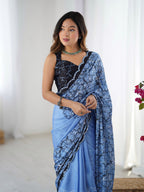 Jyoti Fashion Women's Blue Chinon Digital Printed Designer Saree with Blouse - Distacart