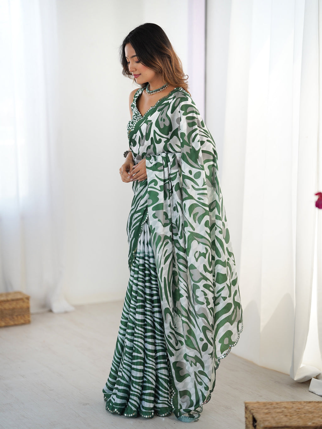 Jyoti Fashion Women's Green Chinon Digital Printed Designer Saree with Blouse - Distacart