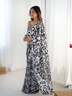 Jyoti Fashion Women's Black Chinon Digital Printed Designer Saree with Blouse - Distacart