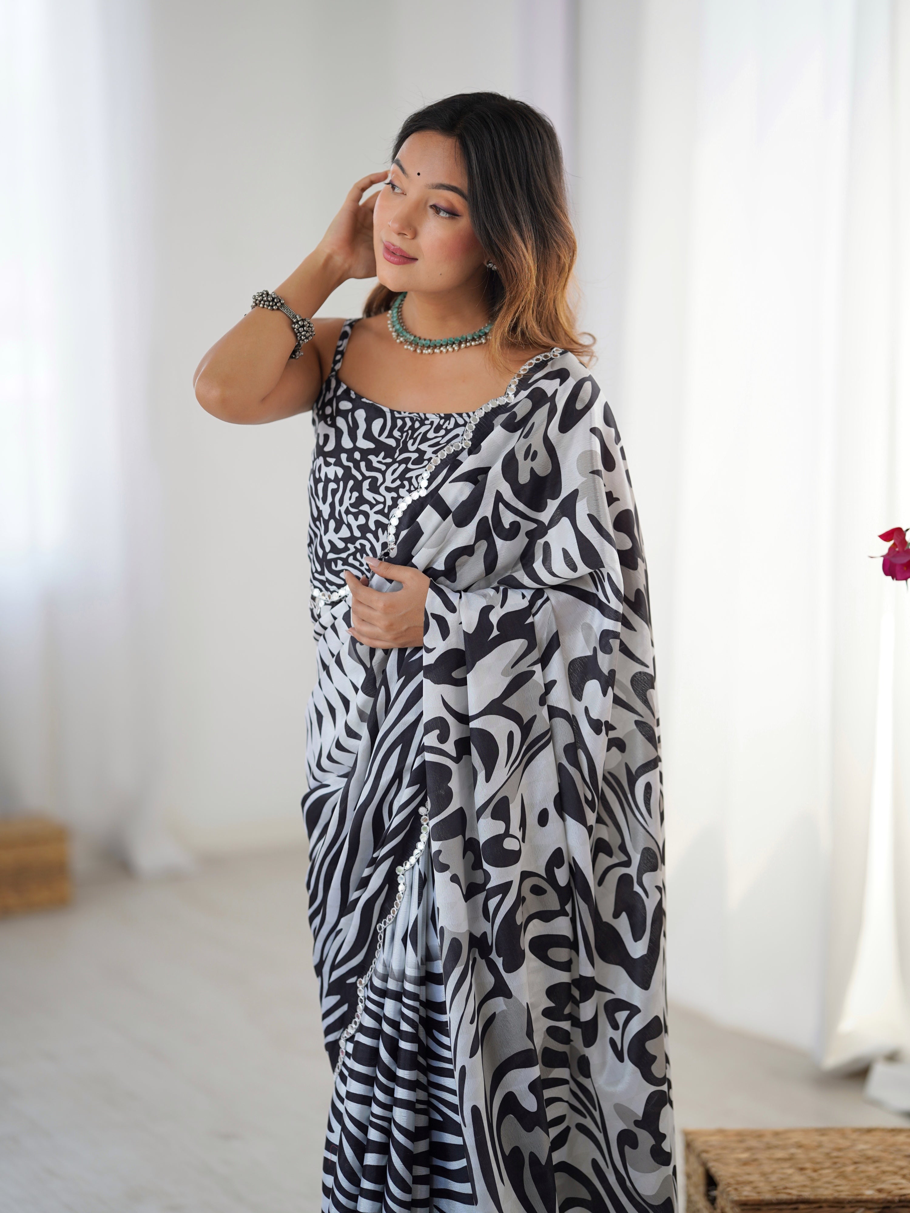 Jyoti Fashion Women's Black Chinon Digital Printed Designer Saree with Blouse - Distacart