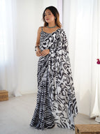Jyoti Fashion Women's Black Chinon Digital Printed Designer Saree with Blouse - Distacart